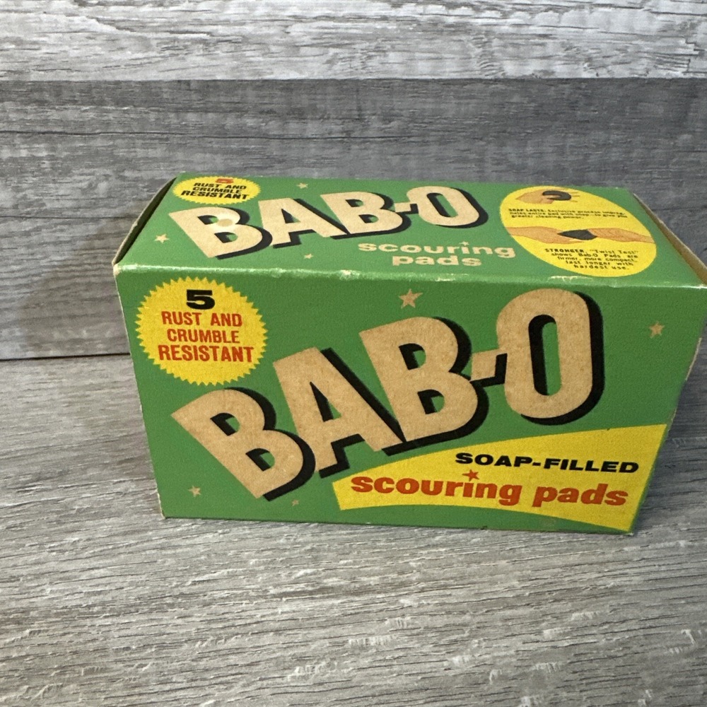 Bab-O Scouring Pads Vintage 5 Count Green Good Soap Filled Steel Wool Box